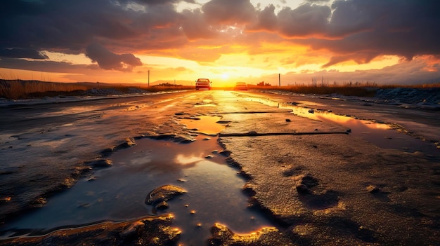 Um carro está dirigindo em uma estrada molhada com um pôr do sol ao fundo.