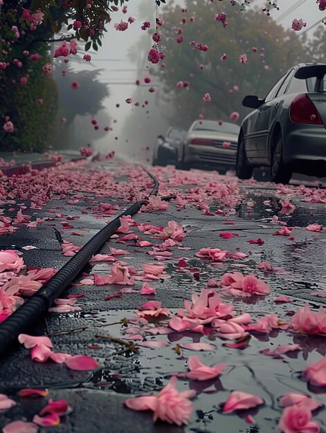 Foto um carro está dirigindo pela estrada com as flores cor-de-rosa no chão