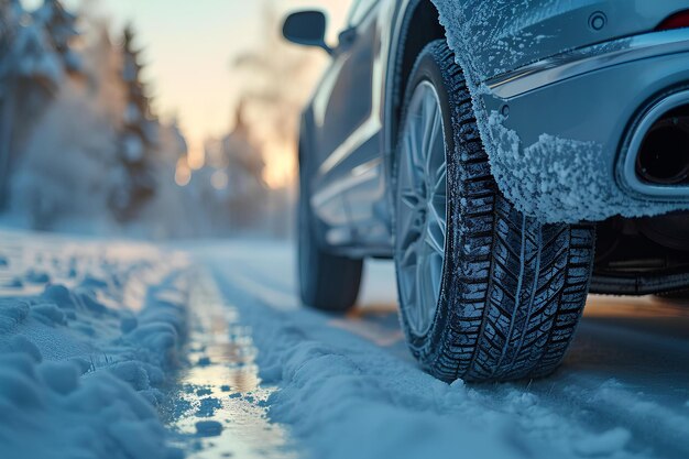 Um carro está dirigindo por uma estrada coberta de neve no inverno com neve no chão e árvores no fundo