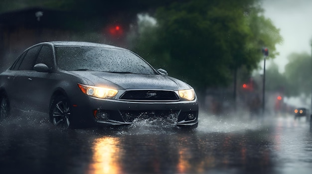 Um carro está dirigindo por uma rua inundada com água e respingos voam em todas as direções Geração de IA