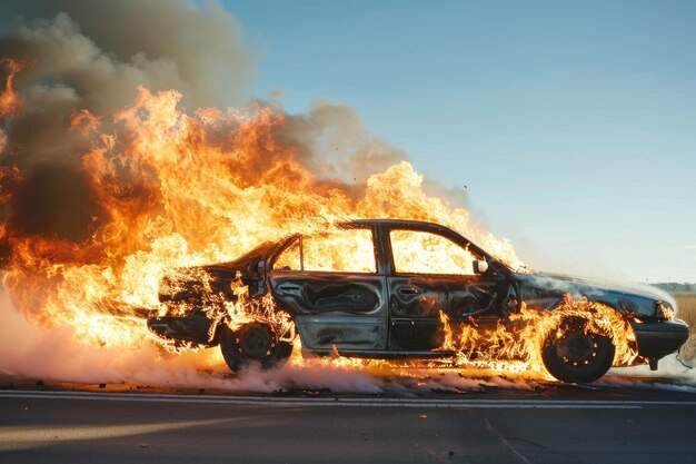 Um carro está em chamas e as chamas estão saindo do carro.