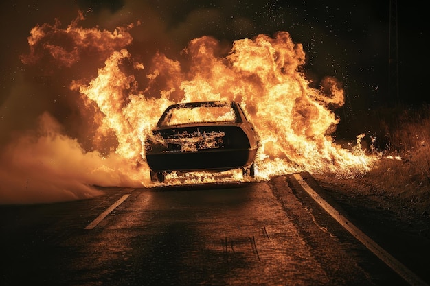 Um carro está em chamas e está a descer uma estrada.