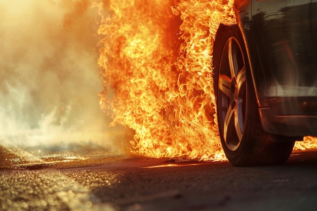 Um carro está em chamas e o fogo está saindo do pneu.