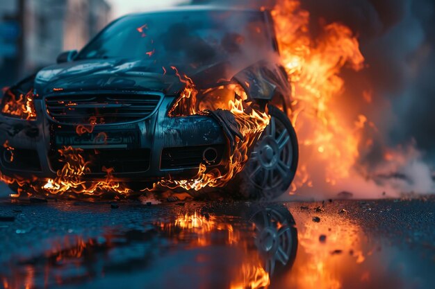 Um carro está em chamas e o reflexo do fogo está na água.