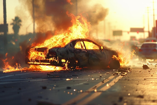 Um carro está em chamas em uma rua com outros carros ao fundo