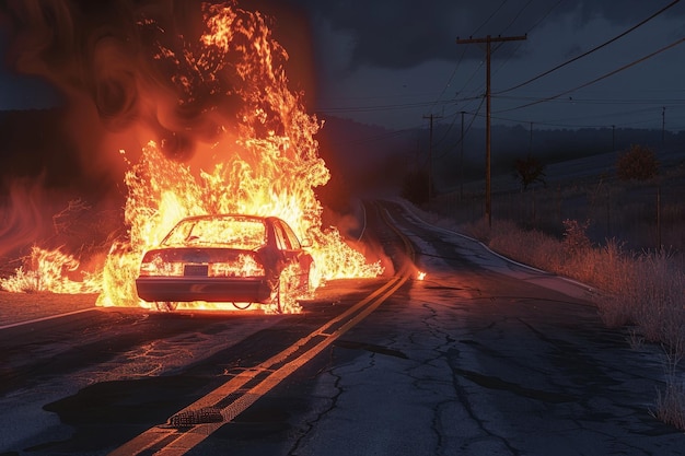 Um carro está em chamas numa estrada.