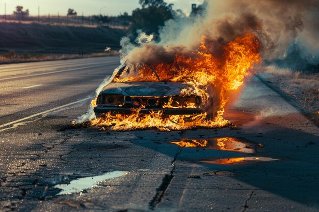 Foto um carro está em chamas numa estrada.