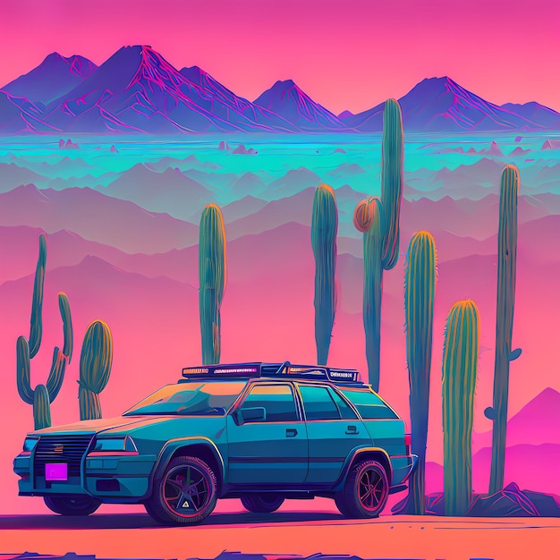 Um carro está estacionado no deserto com um cacto e um pôr do sol ao fundo generative ai