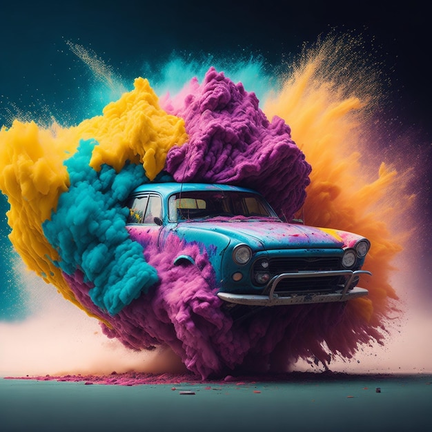 Foto um carro explodindo em poeira colorida
