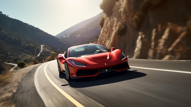 Foto um carro ferrari vermelho em uma estrada de montanha.