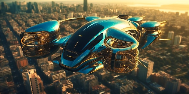 Um carro flutuante futurista voando sobre a cidade
