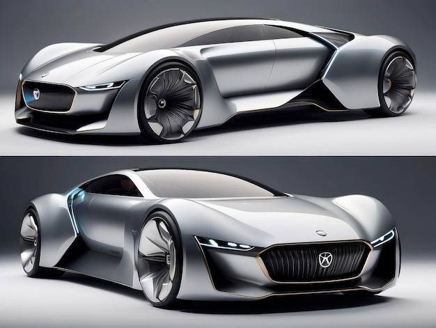 um carro futurista é mostrado em dois ângulos diferentes, um dos quais é prateado