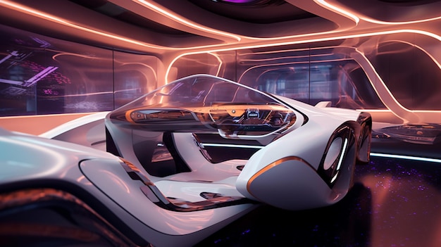 Um carro futurista é mostrado em um interior futurista.