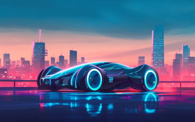 Um carro futurista elegante brilha sob luzes de néon em uma vibrante paisagem urbana cyberpunk refletindo vibrações de alta tecnologia e design urbano avançado.