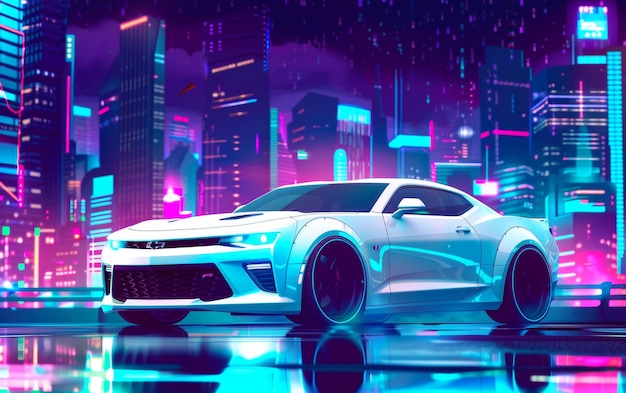 Um carro futurista elegante brilha sob luzes de néon em uma vibrante paisagem urbana cyberpunk refletindo vibrações de alta tecnologia e design urbano avançado.