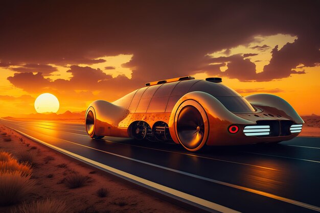 Um carro futurista está dirigindo em uma estrada ao pôr do sol.