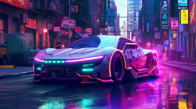 Um carro futurista na cidade com luzes de néon.