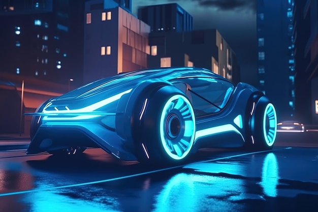 Um carro futurista se posiciona contra o fundo da cidadeIlustração moderna futuristaTecnologias inovadoras Generative ai