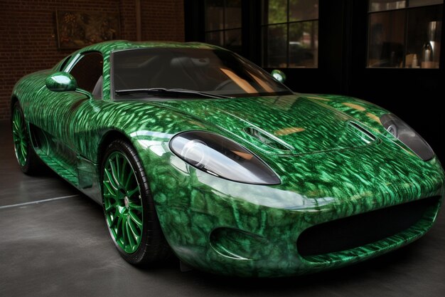 Um carro jaguar verde com um padrão verde na frente.