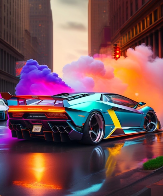 Um carro Lamborghini futurista colorido está estacionado na rua com fumaça saindo dele