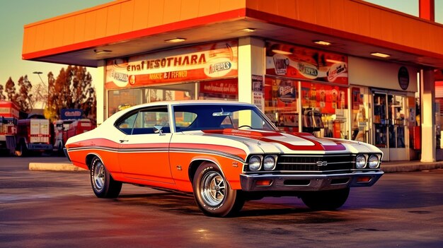 Foto um carro muscular laranja e branco em frente a um restaurante.