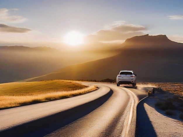 Um carro na estrada com um céu nublado ao fundo Generative Ai