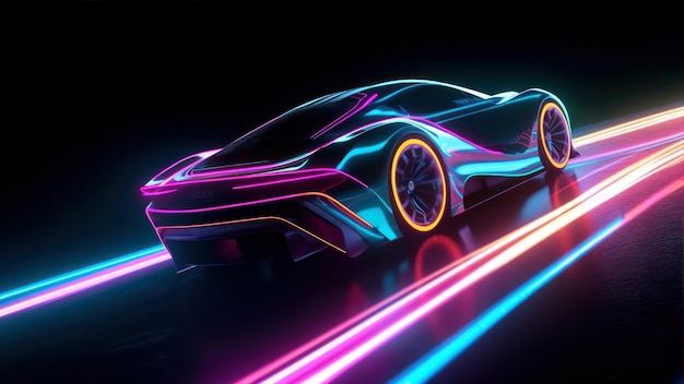 Um carro neon com luzes neon na frente