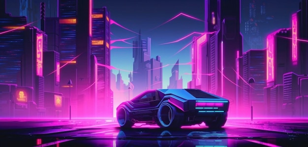 Um carro neon em frente a uma paisagem urbana.