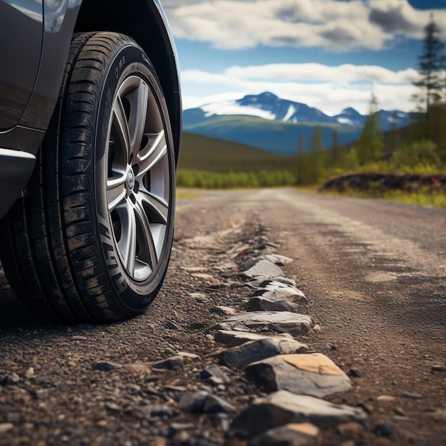 Foto um carro numa estrada de terra.