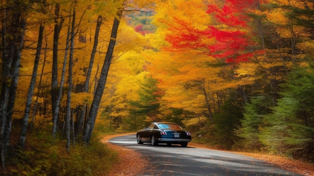 Um carro passa por uma floresta colorida com cores de outono nas árvores.