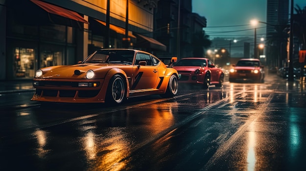 um carro Porsche amarelo está dirigindo em uma rua molhada.