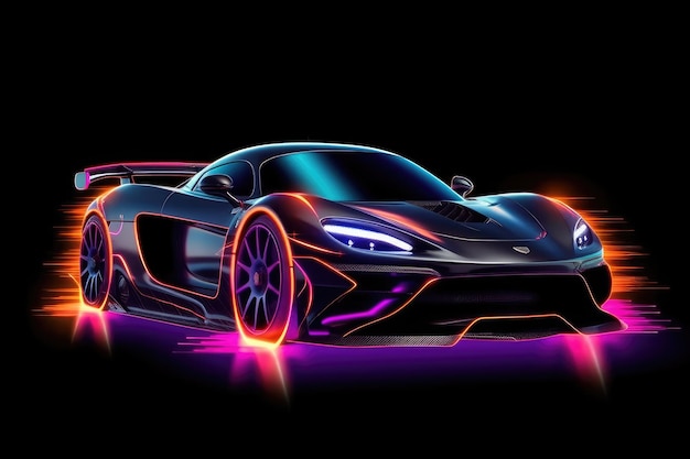 Um carro preto com luzes neon que diz mclaren na frente.