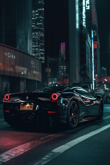 Foto um carro preto com uma placa que diz ferrari na parte de trás