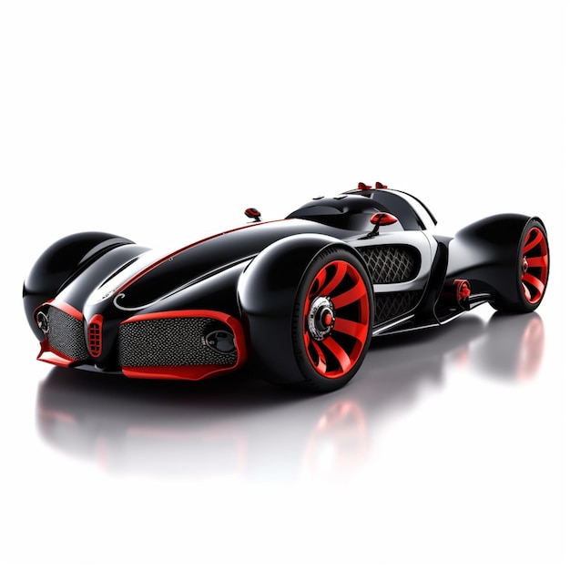 Um carro preto e vermelho com a palavra bugatti na frente.