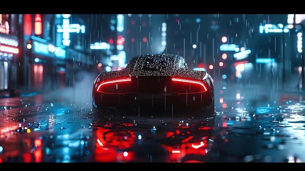 Um carro preto elegante atravessa uma rua chuvosa da cidade à noite as luzes vermelhas e azuis da cidade são refletidas no pavimento molhado