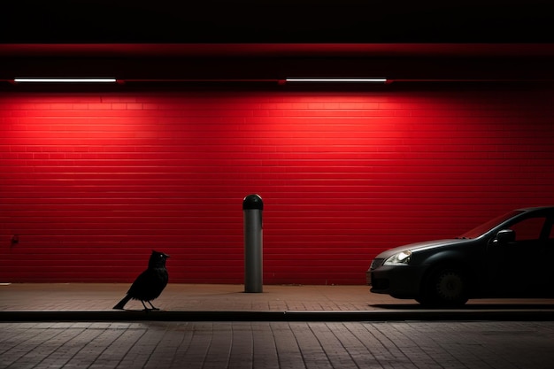 um carro preto estacionado em frente a uma parede vermelha