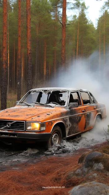 Um carro queimado a conduzir através de uma floresta.