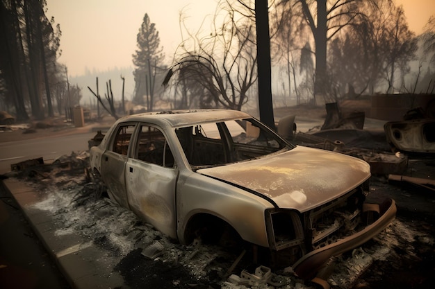 Um carro queimado está em um incêndio nas montanhas.