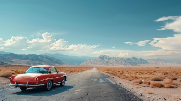 Um carro retro vermelho numa estrada deserta.