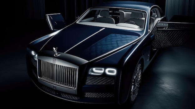 Um carro Rolls Royce é mostrado em um showroom.