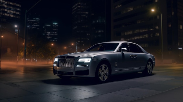 Um carro Rolls Royce está estacionado em uma cidade escura à noite.