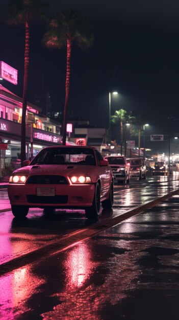 um carro rosa dirigindo por uma rua molhada à noite