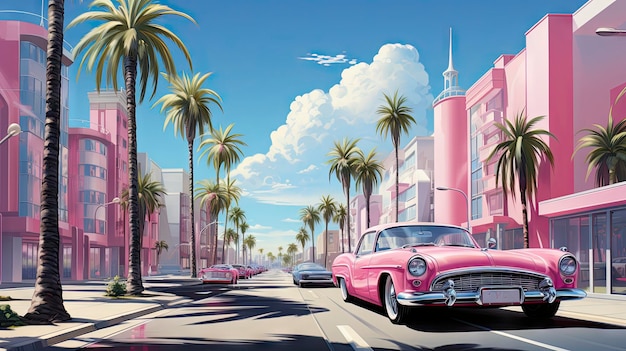 Um carro rosa está estacionado na rua com palmeiras ao fundo.