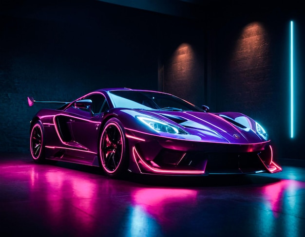 um carro roxo com luzes roxas e um carro rojo com luzes violetas