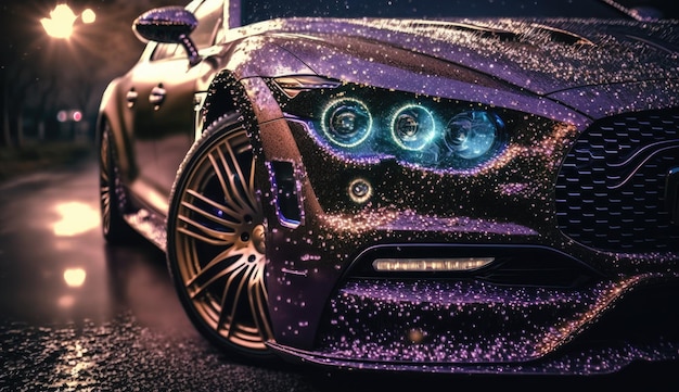 Foto um carro roxo com os faróis acesos e as luzes acesas