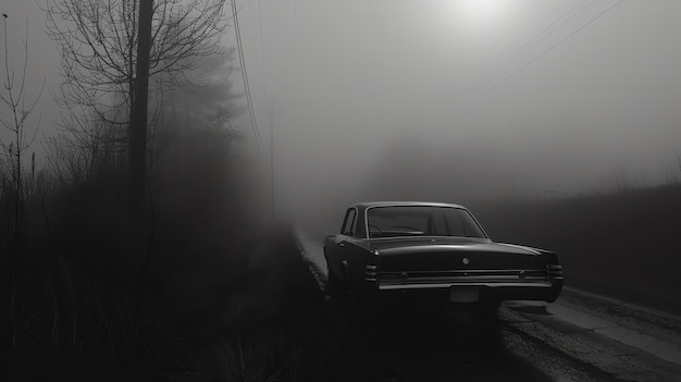 Foto um carro solitário atravessa uma floresta nebulosa. o motorista está cercado por um denso nevoeiro branco e mal consegue ver a estrada à frente.
