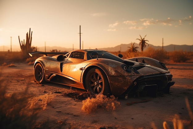 Um carro sujo no deserto com o sol se pondo atrás dele
