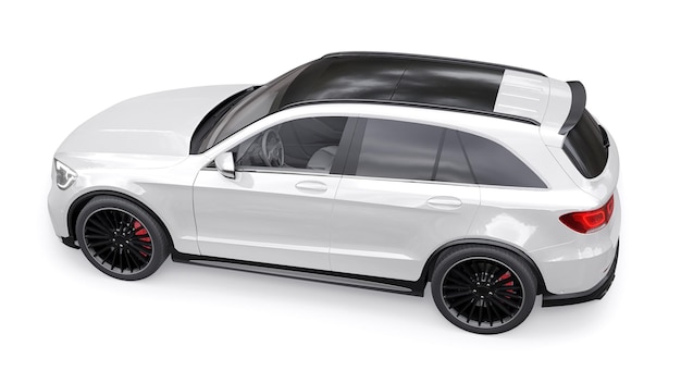 Um carro SUV esportivo ultrarrápido caro para condução emocionante na cidade na estrada e na pista de corrida modelo 3D de um carro branco em um fundo branco isolado renderização em 3d