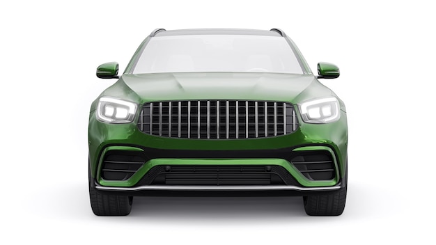 Um carro SUV esportivo ultrarrápido caro para condução emocionante na cidade na estrada e na pista de corrida modelo 3D de um carro verde em um fundo branco isolado renderização em 3d