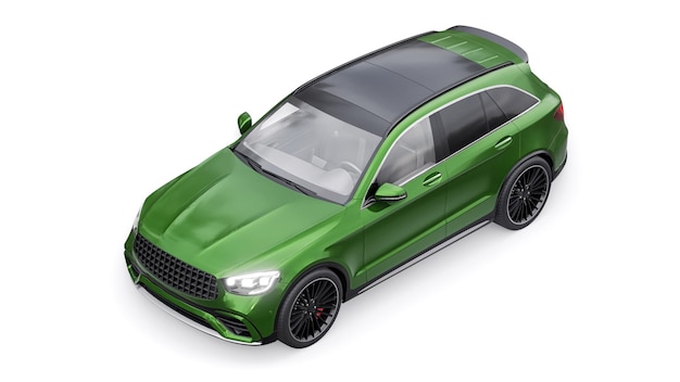Um carro SUV esportivo ultrarrápido caro para condução emocionante na cidade na estrada e na pista de corrida modelo 3D de um carro verde em um fundo branco isolado renderização em 3d
